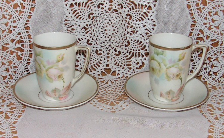 Vintage Porcelain Ceramic Pair Demitasse Tea Coffee Cups Saucers Pastel Florals Vintage Porcelain Ceramic Pair Demitasse Tea Coffee Cups Saucers Pastel Florals