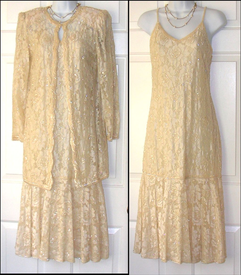 Vintage Dress and Jacket Beaded Floral Lace Eighties Judith Ann Creations Flapper Style Cream Vintage Dress and Jacket Beaded Floral Lace Eighties Judith Ann Creations Flapper Style Cream