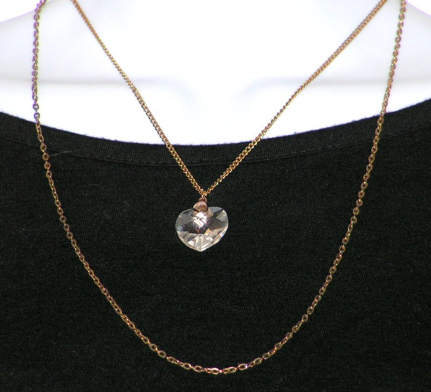 Vintage Pendant Necklace Crystal Heart Gold Tone Double Chain Vintage Pendant Necklace Crystal Heart Gold Tone Double Chain