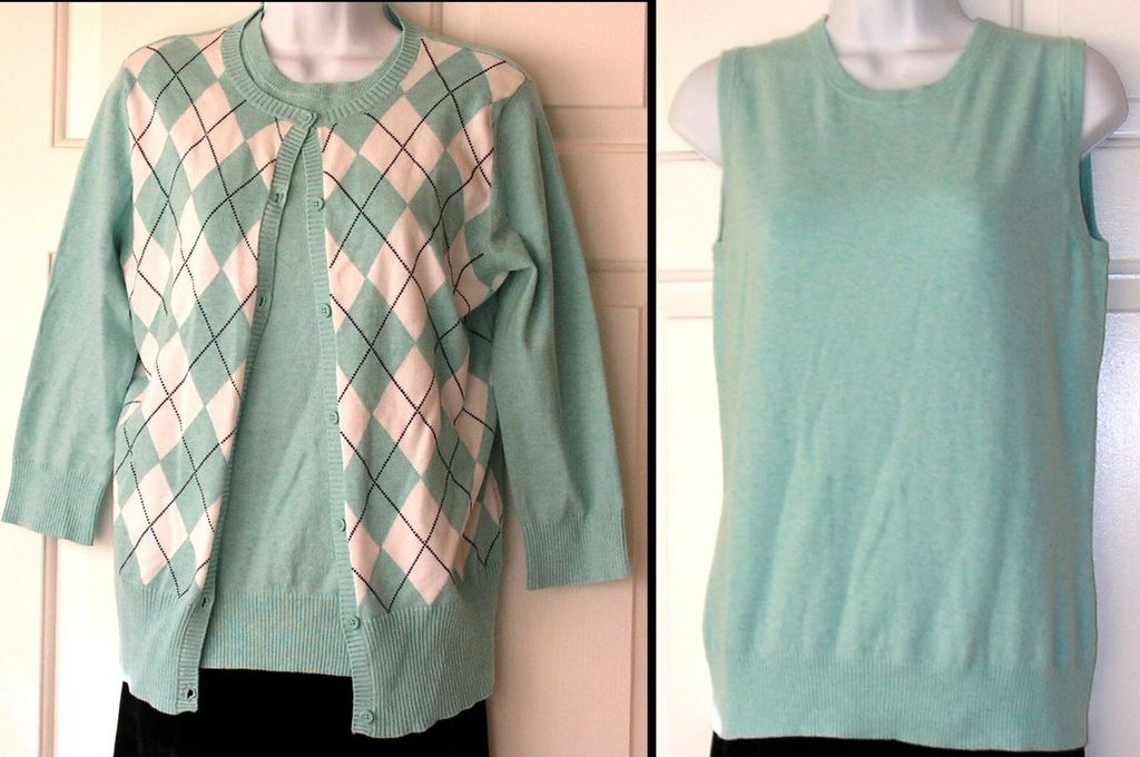 Vintage Argyle Cardigan and Top Twinset Turquoise White Navy Blue Vintage Argyle Cardigan and Top Twinset Turquoise White Navy Blue