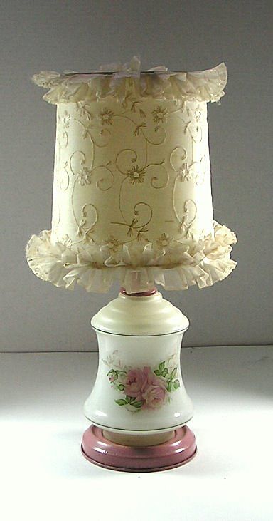 Vintage Table Lamp Milk Glass Tole Fabric Shade Pink Roses Vintage Table Lamp Milk Glass Tole Fabric Shade Pink Roses