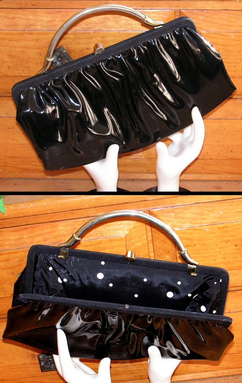 Vintage Handbag Black Patent Leather Convertible Clutch Purse Polka Dot Interior Hideaway Metal Handle Vintage Handbag Black Patent Leather Convertible Clutch Purse Polka Dot Interior Hideaway Metal Handle