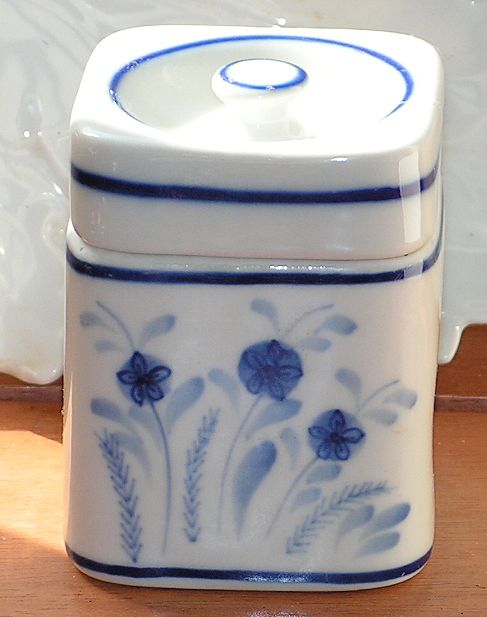 Vintage Glazed Pottery Canister Jar White Blue Floral Hand Painted Portugal Vintage Glazed Pottery Canister Jar White Blue Floral Hand Painted Portugal