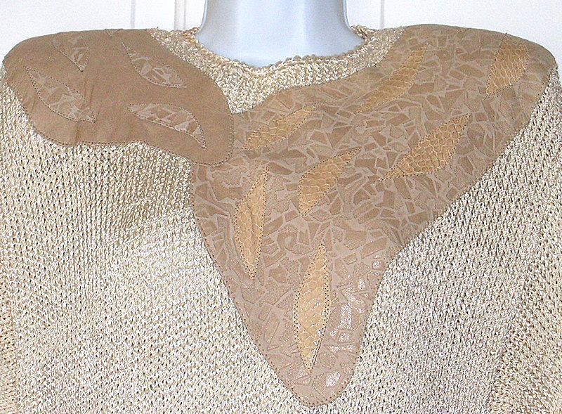 Vintage Designer Tunic Sweater Augustina Leather Snakeskin Trim Hand Knit Padded Shoulders Vintage Designer Tunic Sweater Augustina Leather Snakeskin Trim Hand Knit Padded Shoulders