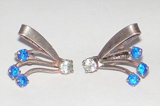 Art Deco Sterling Earrings Sapphire Blue and Crystal Rhinestones Art Deco Sterling Earrings Sapphire Blue and Crystal Rhinestones