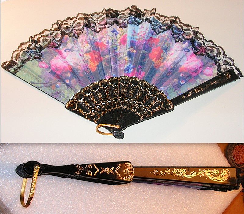 Vintage Hand Fan Floral Fabric Black Lace Gold trim Black