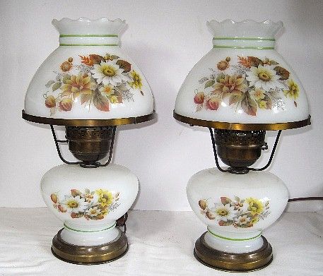 Pair of Electric Hurricane Lamps with Flowers Pair of Electric Hurricane Lamps with Flowers
