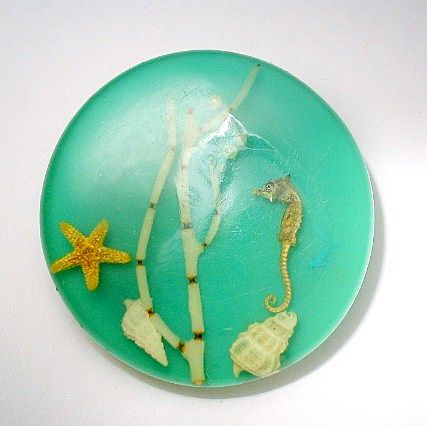 Vintage Lucite Brooch with Seahorse Coral Seashells Vintage Lucite Brooch with Seahorse Coral Seashells