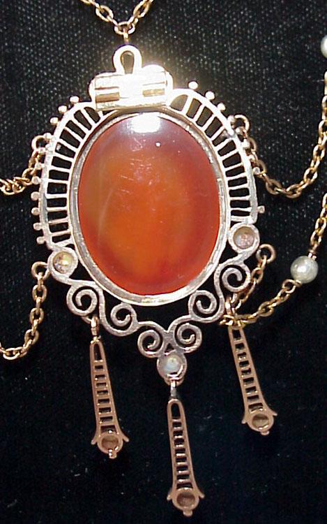 Ladies Necklace Of 14Kt. & 3 Carnelian Cameos Accented w/Cultured Pearls Ladies Necklace Of 14Kt. & 3 Carnelian Cameos Accented w/Cultured Pearls