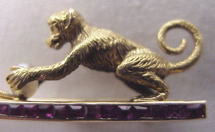 Fabulous 18kt. Gold, Ruby & Cultured Pearl Pin of Playing Monkeys Fabulous 18kt. Gold, Ruby & Cultured Pearl Pin of Playing Monkeys
