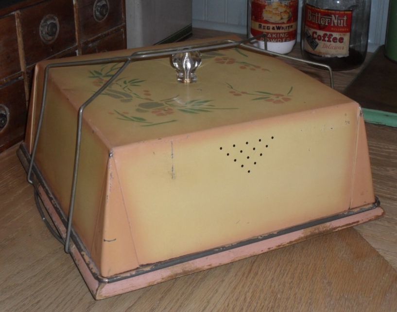 Cake Saver - Tin Cover & Wooden Board - Glass Knob - c 1910 Cake Saver - Tin Cover & Wooden Board - Glass Knob - c 1910