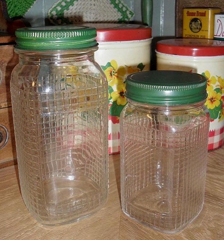 2 Glass Pantry Jars - Green Lids - Ball / Kerr 2 Glass Pantry Jars - Green Lids - Ball / Kerr