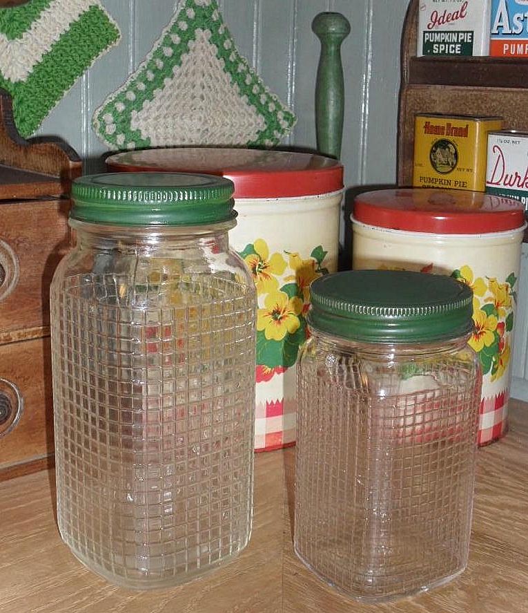 2 Glass Pantry Jars - Green Lids - Ball / Kerr 2 Glass Pantry Jars - Green Lids - Ball / Kerr