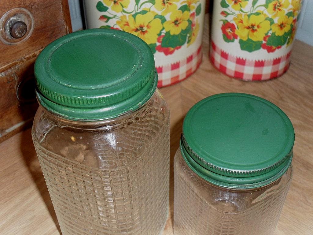 2 Glass Pantry Jars - Green Lids - Ball / Kerr 2 Glass Pantry Jars - Green Lids - Ball / Kerr
