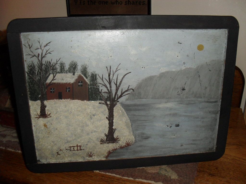 1890s School House Slate / Black Board - Snow Scene Painting 1890s School House Slate / Black Board - Snow Scene Painting