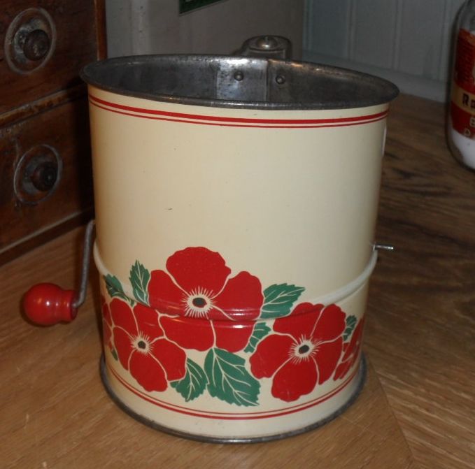 1940s Tin Flour Sifter - Red & Cream with Poppies 1940s Tin Flour Sifter - Red & Cream with Poppies