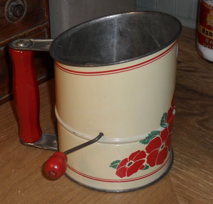 1940s Tin Flour Sifter - Red & Cream with Poppies 1940s Tin Flour Sifter - Red & Cream with Poppies