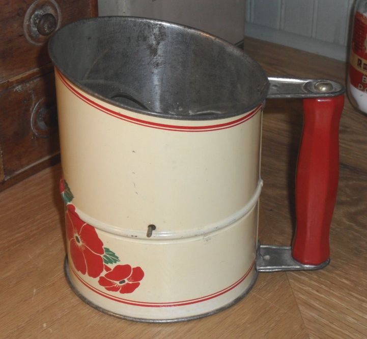 1940s Tin Flour Sifter - Red & Cream with Poppies 1940s Tin Flour Sifter - Red & Cream with Poppies