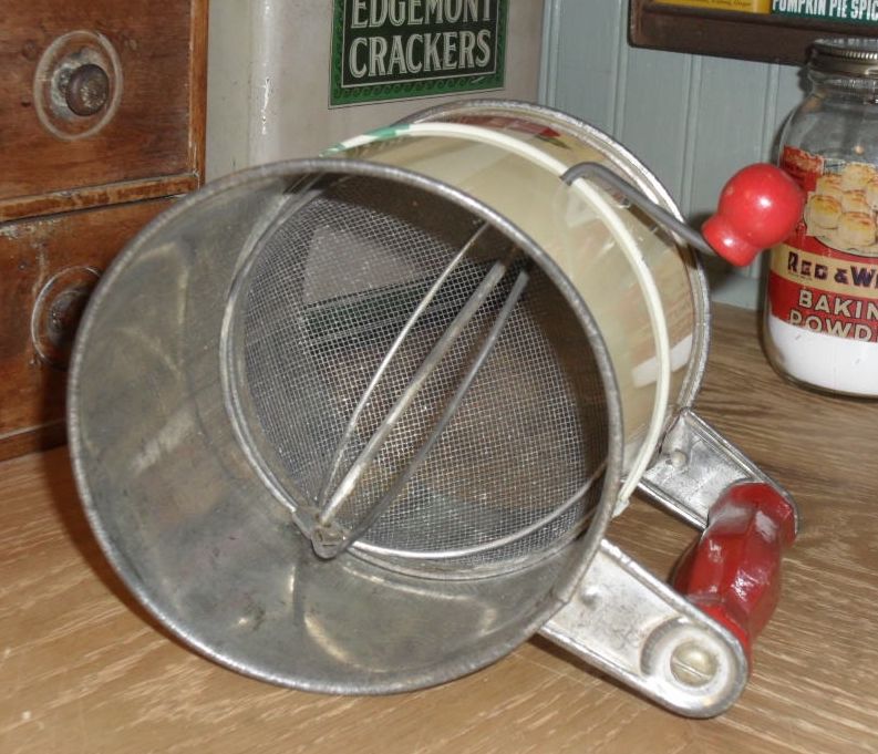 1940s Tin Flour Sifter - Red & Cream with Poppies 1940s Tin Flour Sifter - Red & Cream with Poppies