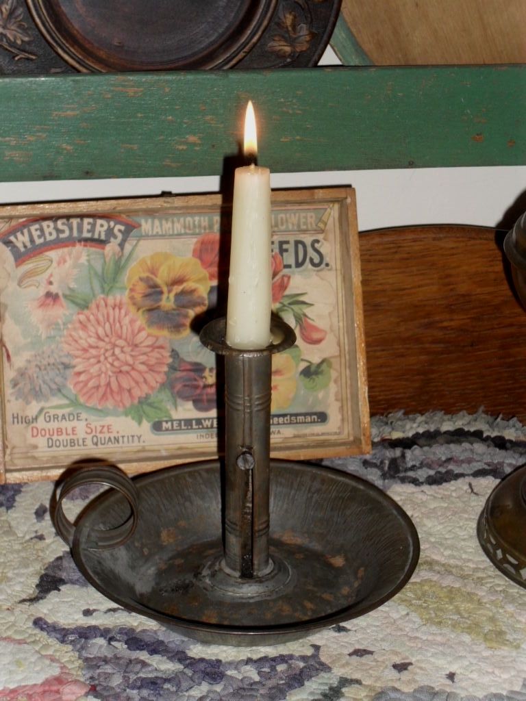 Tin Push-up Hog Scraper Deep Pan Candlestick - 19th C. Tin Push-up Hog Scraper Deep Pan Candlestick - 19th C.
