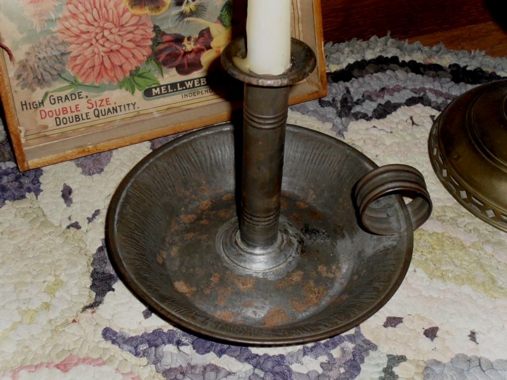 Tin Push-up Hog Scraper Deep Pan Candlestick - 19th C. Tin Push-up Hog Scraper Deep Pan Candlestick - 19th C.