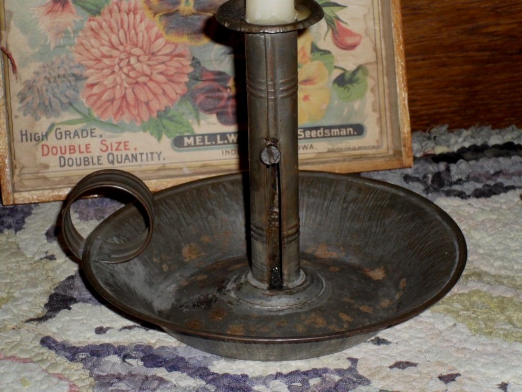 Tin Push-up Hog Scraper Deep Pan Candlestick - 19th C. Tin Push-up Hog Scraper Deep Pan Candlestick - 19th C.