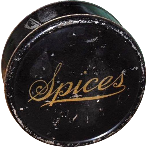 Tin Spice Box - 6 Small Tins & Nutmeg Grater - c. 1900 Tin Spice Box - 6 Small Tins & Nutmeg Grater - c. 1900