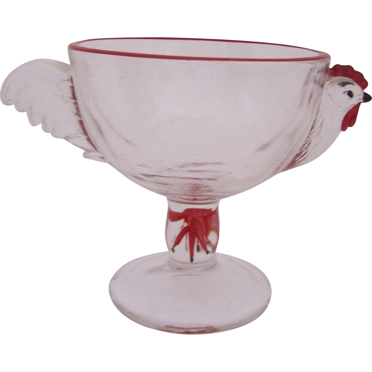 on egg  Figural Egg from feet Ruby with cups riverqueen Chicken Lane Glass vintage Cup