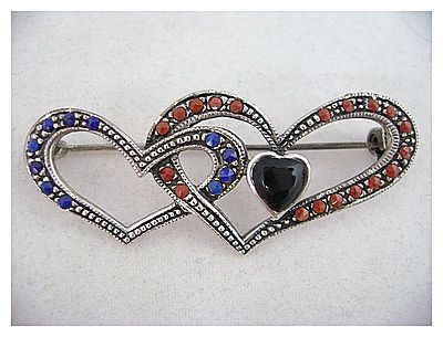 Two Hearts STERLING Silver Lapis Coral Pin Two Hearts STERLING Silver Lapis Coral Pin
