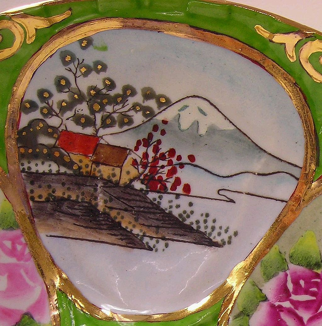 Hand Painted Oriental Oyster Plate Floral and Japanese Landscapes Hand Painted Oriental Oyster Plate Floral and Japanese Landscapes