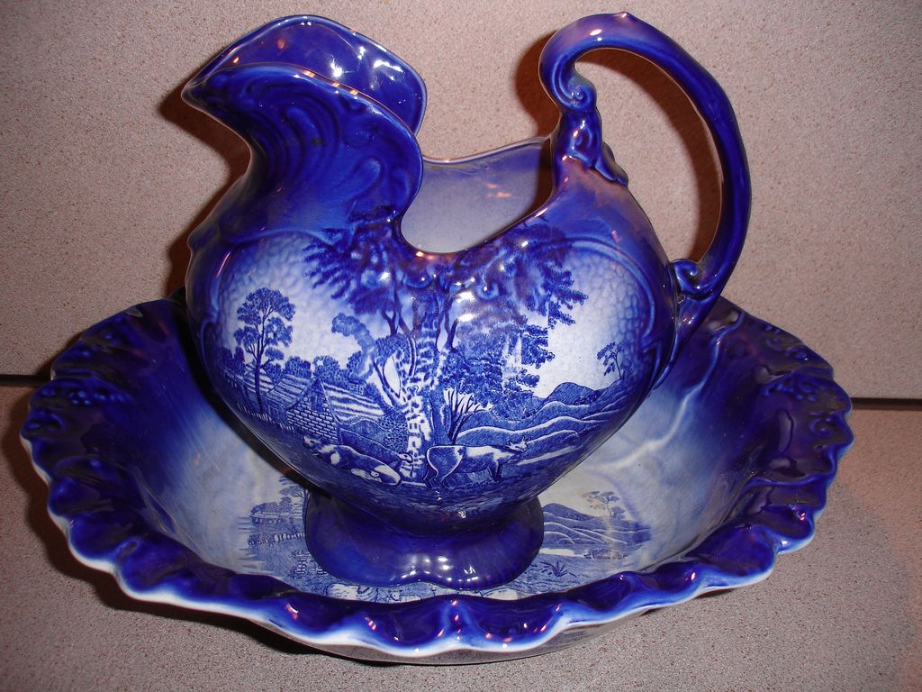 Flow Blue Homestead Pitcher and Bowl Set English Flow Blue Homestead Pitcher and Bowl Set English