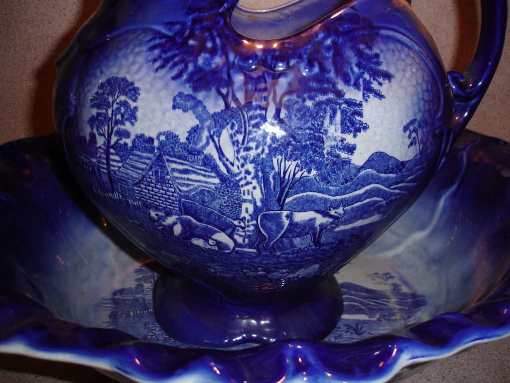 Flow Blue Homestead Pitcher and Bowl Set English Flow Blue Homestead Pitcher and Bowl Set English