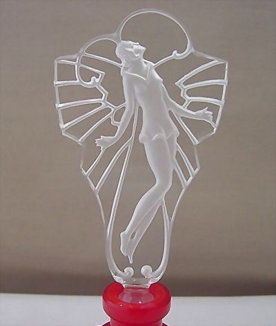 Czech Art Deco Style Red Perfume Bottle with Etched Lady Stopper Czech Art Deco Style Red Perfume Bottle with Etched Lady Stopper