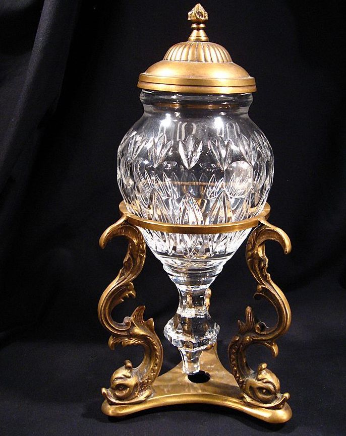 Cut Crystal Glass Urn with Brass Lid and Stand from on Ruby