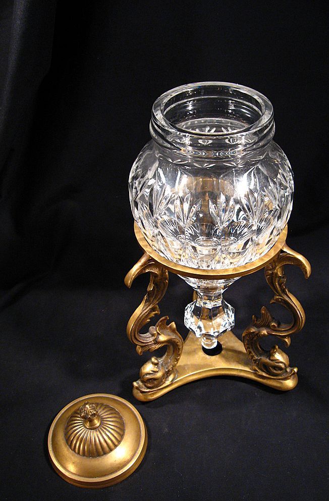 Cut Crystal Glass Urn with Brass Lid and Stand from on Ruby
