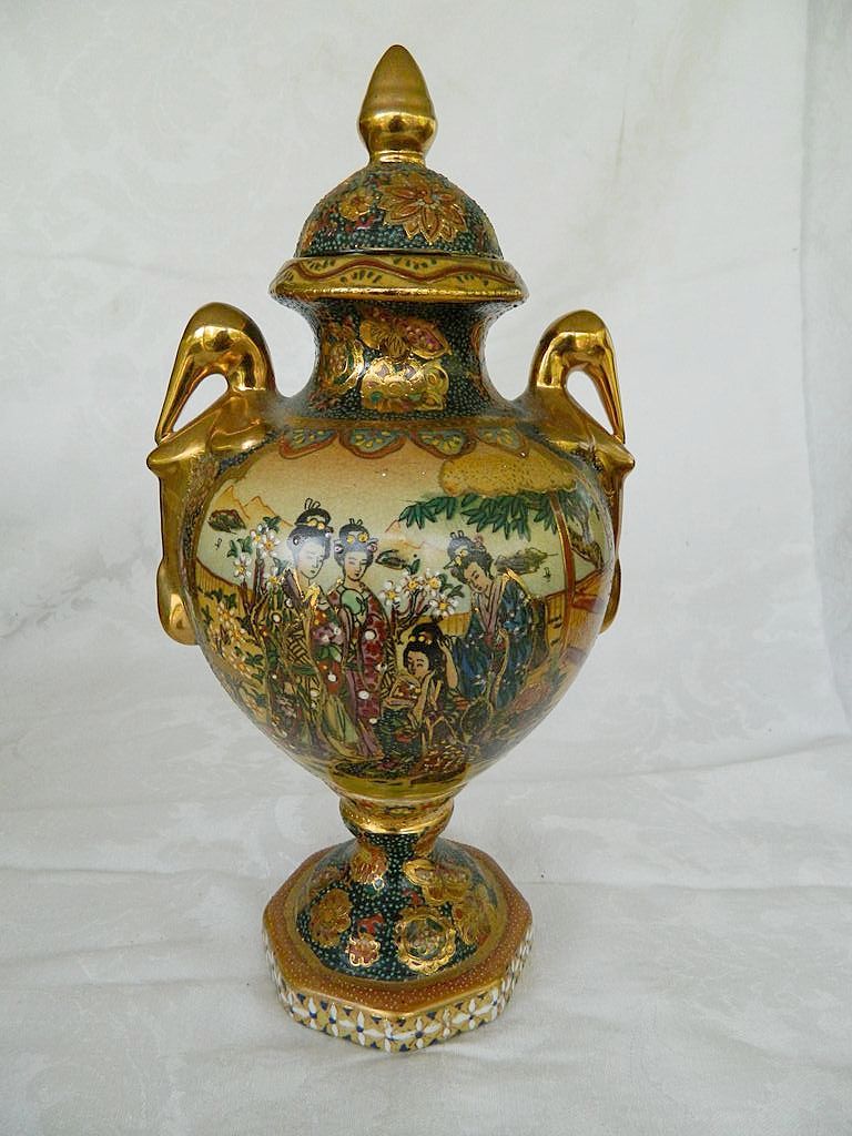 Covered Urn Hand painted with Ladies in Garden Marked Satsuma Covered Urn Hand painted with Ladies in Garden Marked Satsuma