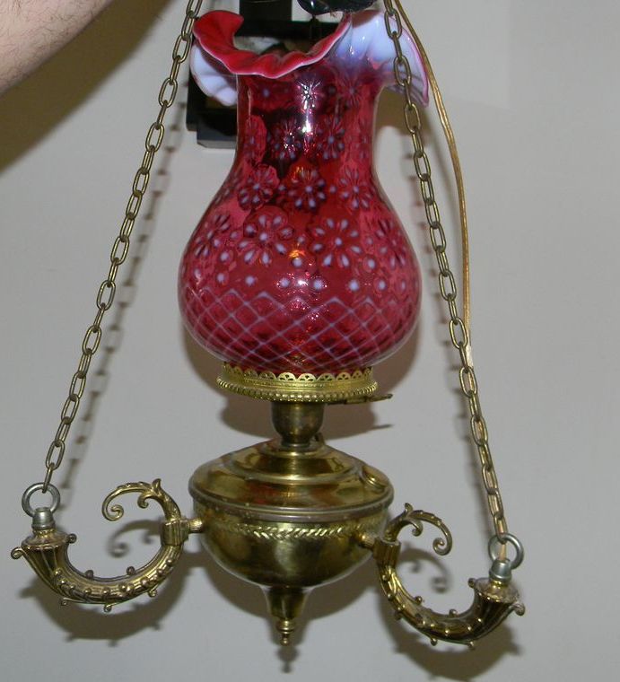 Cranberry Opalescent Glass Christmas Snowflake Hanging Kerosene Lamp Cranberry Opalescent Glass Christmas Snowflake Hanging Kerosene Lamp
