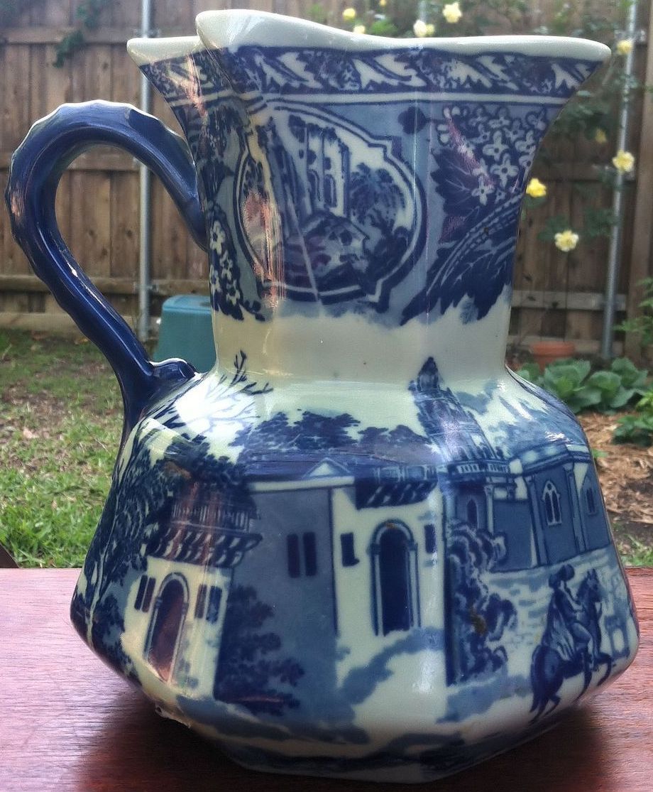 Set of 3 Graduated Ironstone Victoria Ware Blue Flow Pitchers from