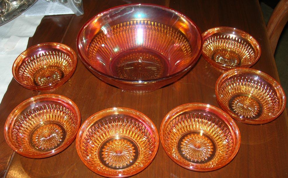 Carnival Glass Berry Set, Old, Rib Pattern Carnival Glass Berry Set, Old, Rib Pattern