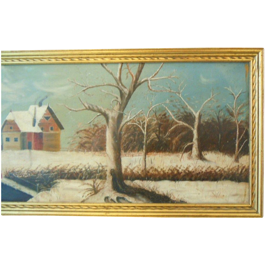 Primitive winter farm scene oil painting Primitive winter farm scene oil painting