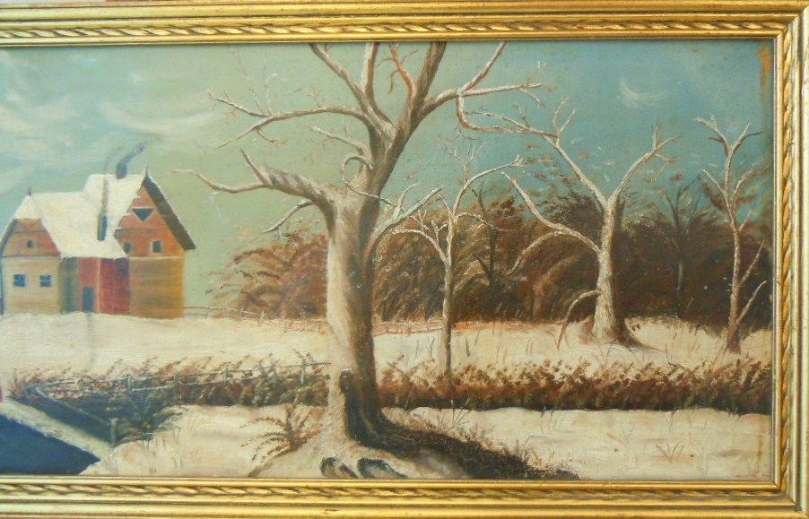 Primitive winter farm scene oil painting Primitive winter farm scene oil painting