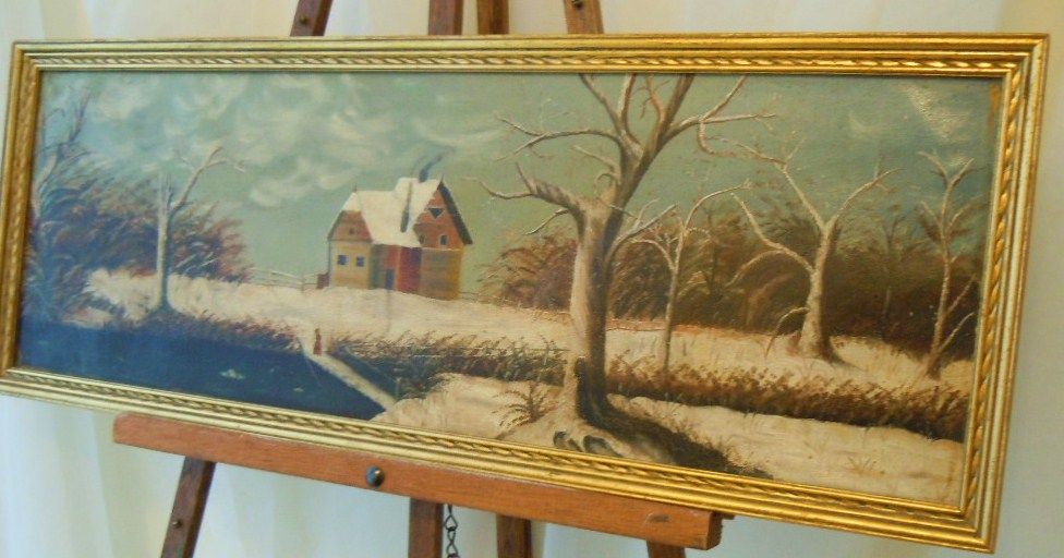 Primitive winter farm scene oil painting Primitive winter farm scene oil painting