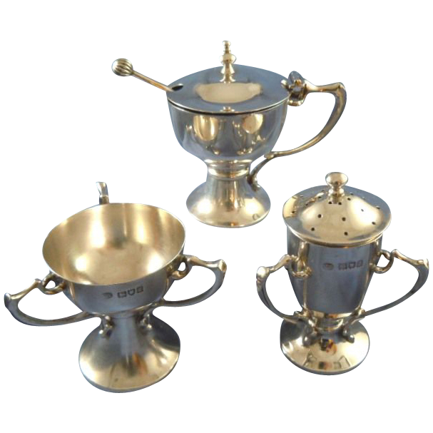 Antique pepper, salt cellar & mustard pot sterling silver London 1907 Antique pepper, salt cellar & mustard pot sterling silver London 1907