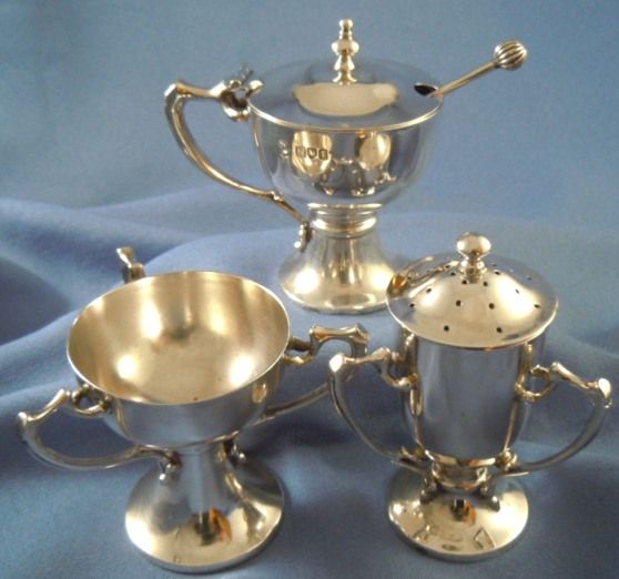 Antique pepper, salt cellar & mustard pot sterling silver London 1907 Antique pepper, salt cellar & mustard pot sterling silver London 1907