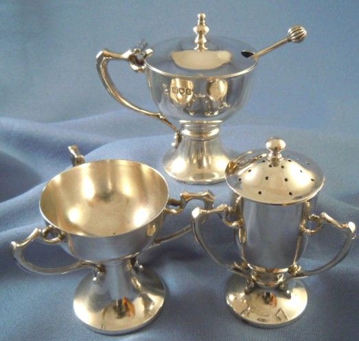 Antique pepper, salt cellar & mustard pot sterling silver London 1907 Antique pepper, salt cellar & mustard pot sterling silver London 1907