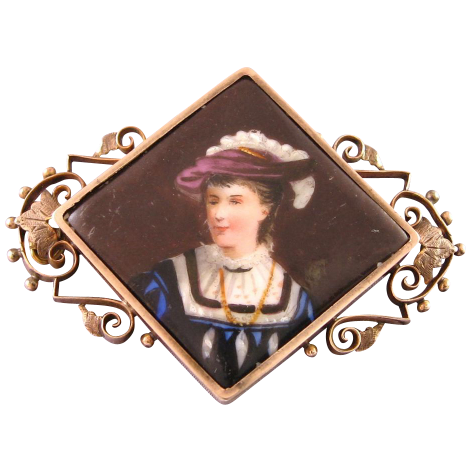 Victorian porcelain hand painted portrait gold fill brooch Victorian porcelain hand painted portrait gold fill brooch