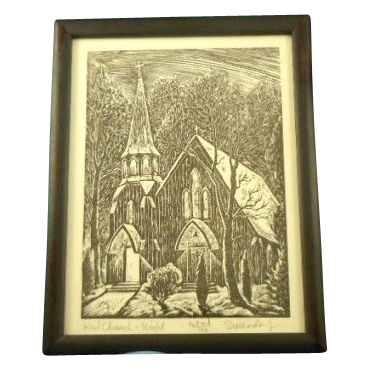 Charles Surendorf "red church - night" 1st edition wood block print Charles Surendorf "red church - night" 1st edition wood block print