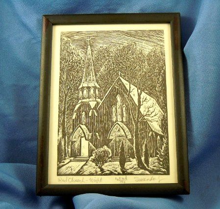Charles Surendorf "red church - night" 1st edition wood block print Charles Surendorf "red church - night" 1st edition wood block print