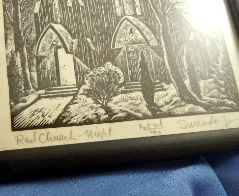 Charles Surendorf "red church - night" 1st edition wood block print Charles Surendorf "red church - night" 1st edition wood block print