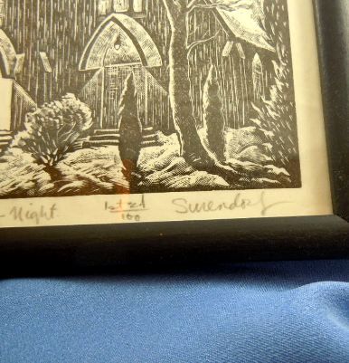 Charles Surendorf "red church - night" 1st edition wood block print Charles Surendorf "red church - night" 1st edition wood block print